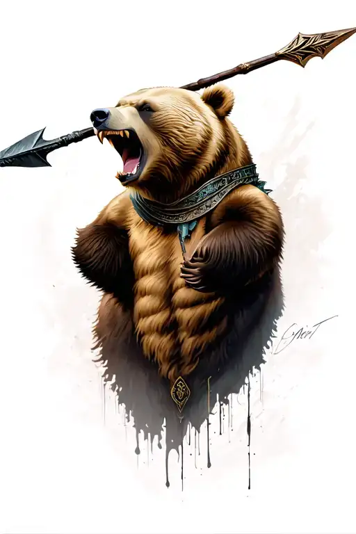 Bear Roaring With Spear On The Neck