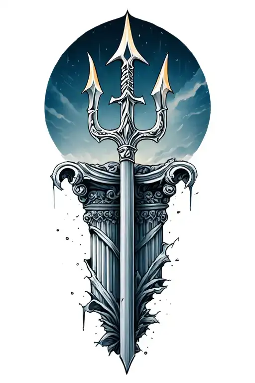 Greek Gods Poseidon Trident Pillars Slightly Crumbling