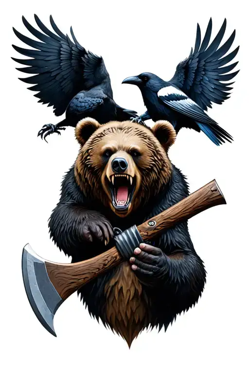 Roaring Bear And A Crow And Ax