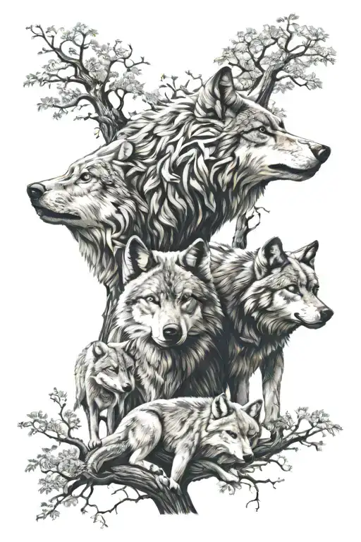 Wolf Family 2 Adults 2 Kids Oak Tree Growing