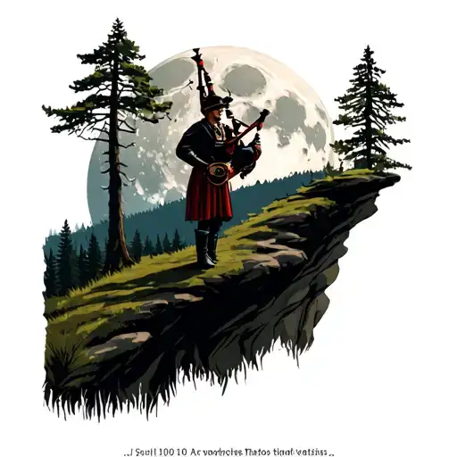 Lone Bagpiper On A High Cliff Overlooking A Forest In Front Of A Full Moon With Lots Of Detail