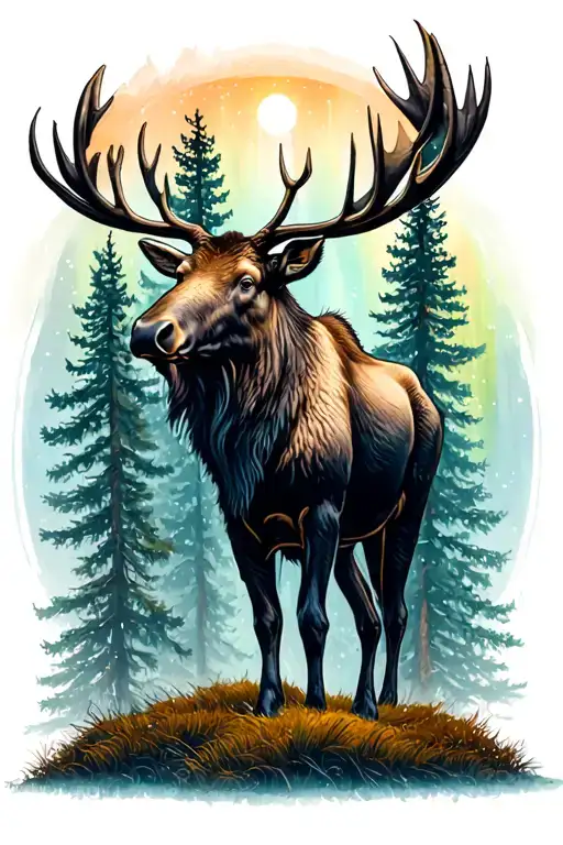 Aurora Borealis Outline Trees Moose