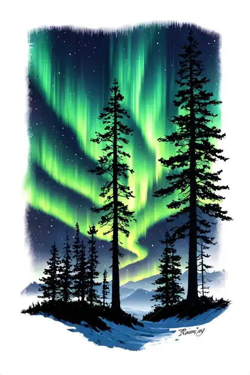 Aurora Borealis With Trees And Noise Silhouette