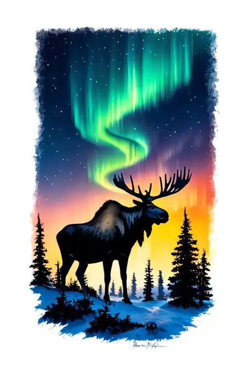Aurora Borealis With Trees Moose Silhouette