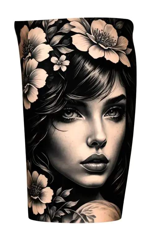 Blackout Arm Sleeve With A Female Face And Flowers