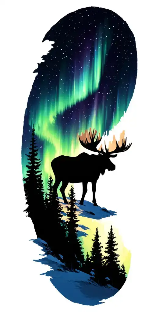 Aurora Borealis With Trees Moose Silhouette