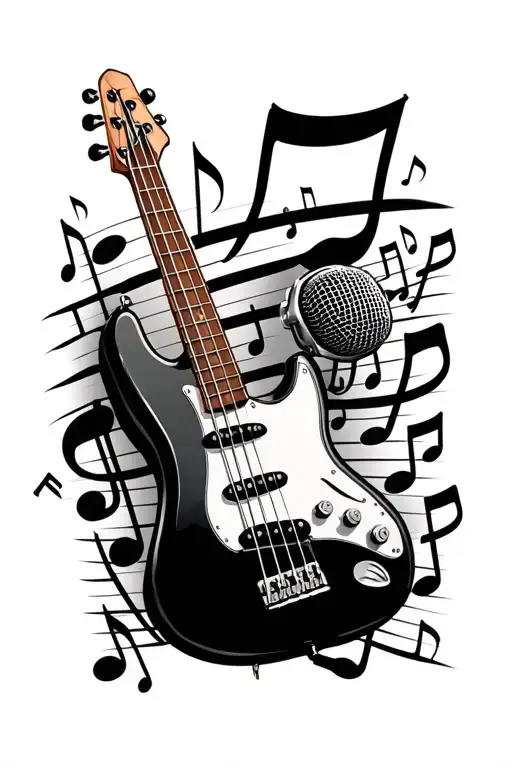 Bass Guitar With A Microphone Surrounded By Musical Notes