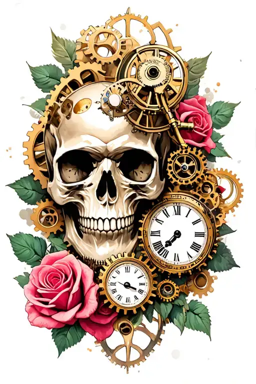 Steampunk Skull Surrounded With Roses And Clock Gears