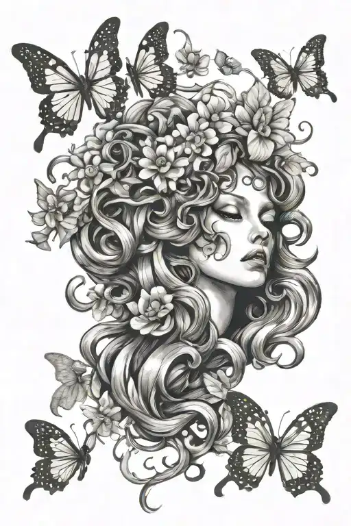 Generate An Image Of A Medusa Tattoo That Has A Floral Aspect With Butterflies