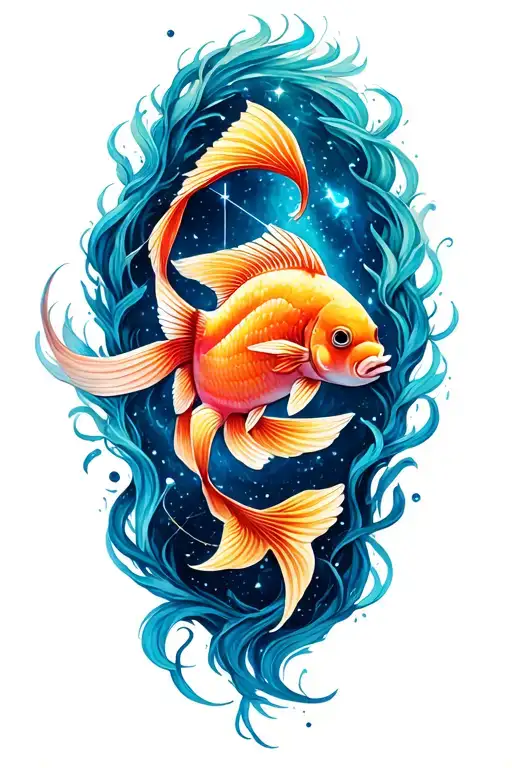 Aquarius And Pisces Fish Swimming Along With Constellations Of Aquarius And Pisces