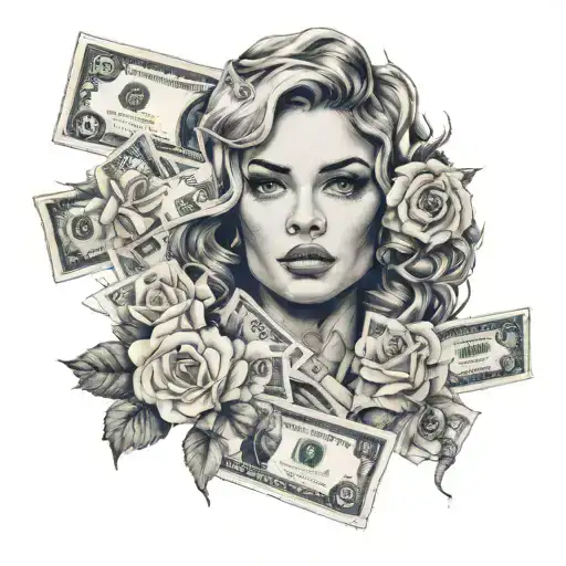 Pretty Girls Face With Roses And Money