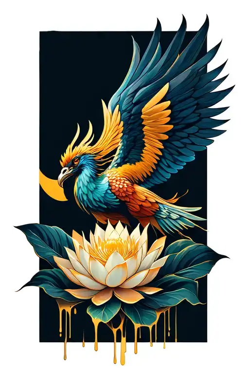 Phoenix With Its Wings Folded While Looking Down With A Lotus Flower Between Its Wings Dripping Gold