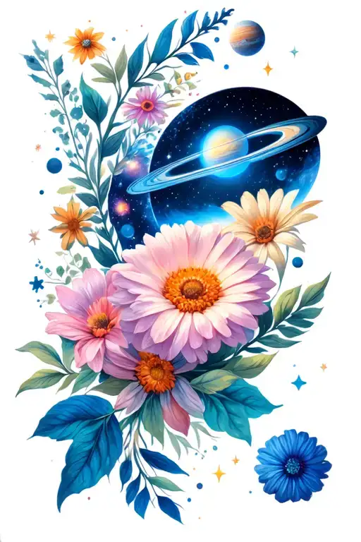 February Flowers And June Flowers And Universe In The Middle With Stars And Planets