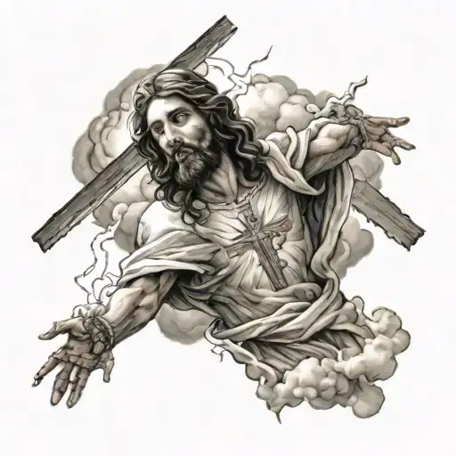 Jesus Holding Cross Surrounded By Clouds And Lightning