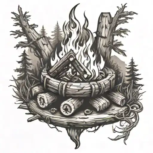 A Black-grey Tattoo Of A Campfire With Welding Flames And Family Initials Carved Into The Wood