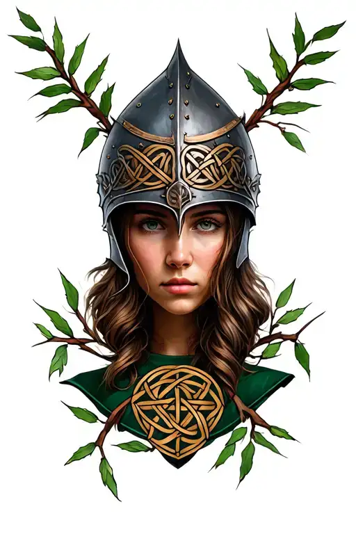 Woman's Face In A Medieval Scottish Armor Helmet With Celtic Knots And Willow Vines Around It