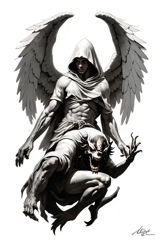Hooded Arch Angel Defeating A Demon