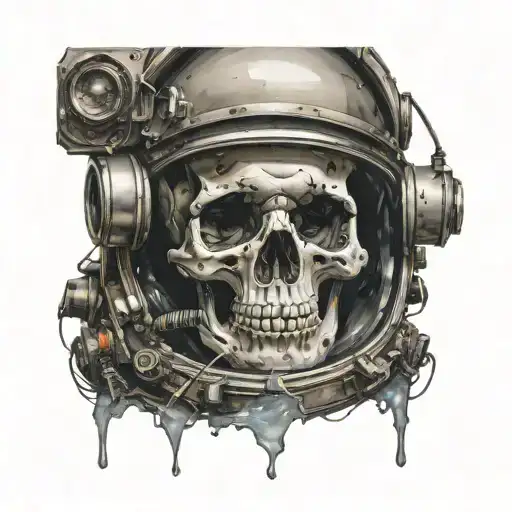 Front View Of The Skull Portrait In A Astronaut Helmet With Broken Glass