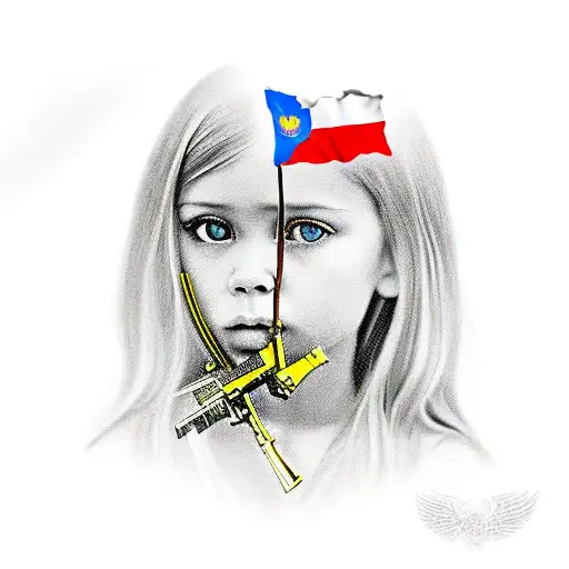 Little Girl With Kalashnikov Gun And Flag Of Ukraine