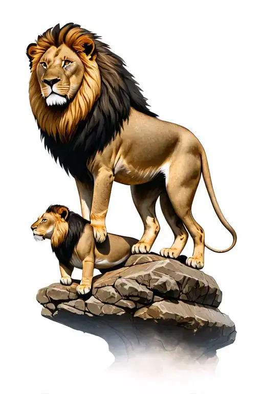 Male Lion Stand On Rock Over Looking 2 Female Lions