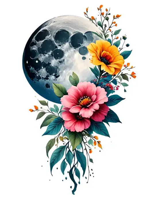Moon And Flowers Blooming