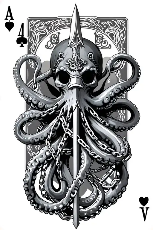 Ace Playing Card With Octopus Tentacles And Chains Wrapped And A Three Pronged Spear