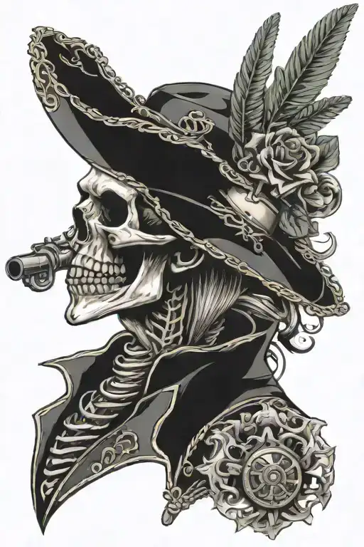 Skull With Revolvers And Cigar Smoking Skeleton Man