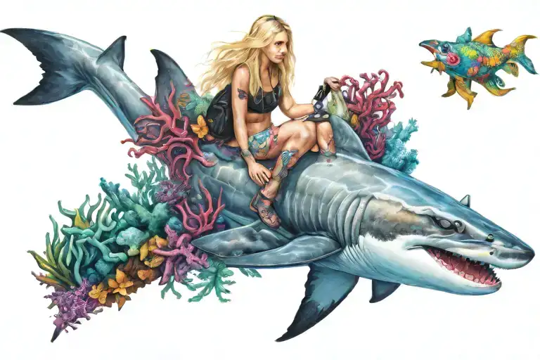 Cute Blonde Girl With Blue Eyes Riding On Top Of A Hammerhead Shark Through Some Colorful Coral Reef