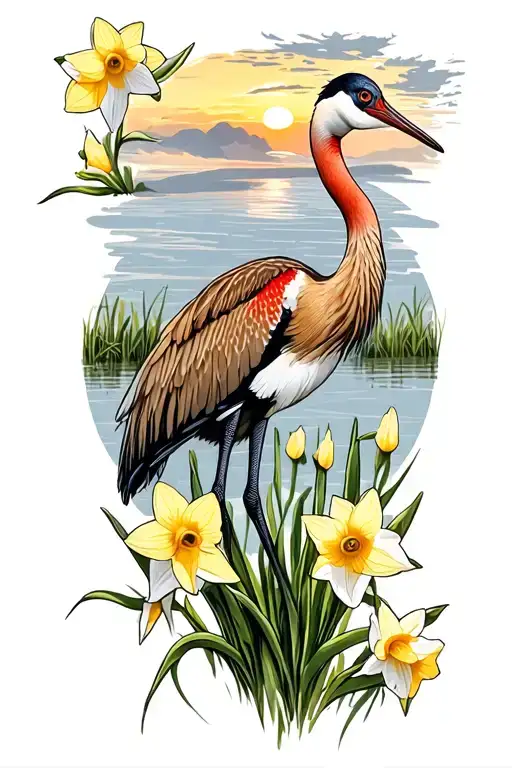 Sandhill Crane Bird Daffodils Sunset Scene