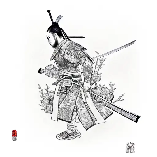 A Detailed Sketch Of A Samurai Warrior Wielding A Katana Under A Cherry Blossom Tree
