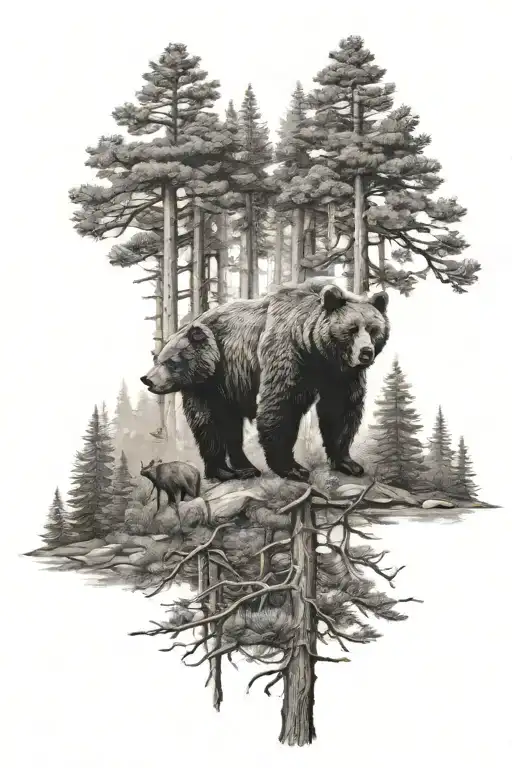 Bears And Moose Pine Tree Forest Filled