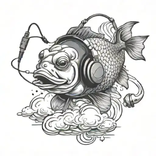 Funny Fish Listening To Music With Headphones On Top Of A Cloud
