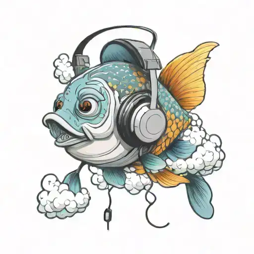 Cartoon Fish Listening To Music With Headphones On Top Of A Cloud