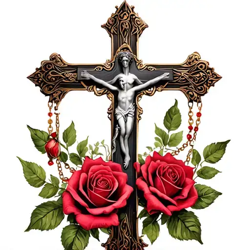 Cross And Roses And Rosary