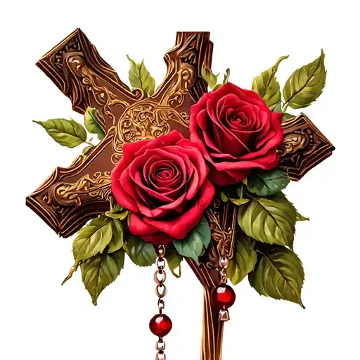 Cross And Roses And Rosary Beads