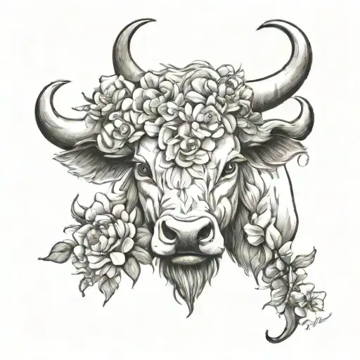 Angry Taurus With Ring In Nose Surrounded By Flowers