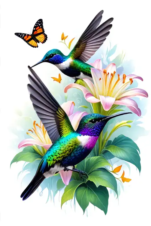 Hummingbirds With Lily Flowers And Small Butterflies