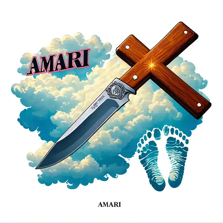 Knife Like A Cross Surrounded With Clouds And Footprint Of Baby And A Name Amari