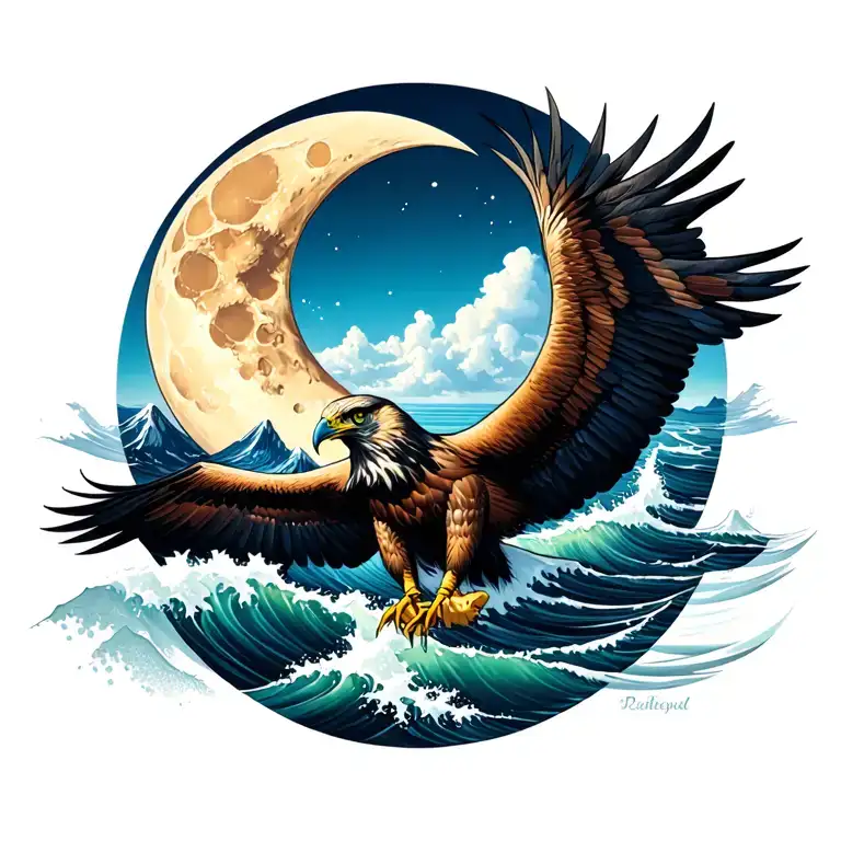 Crescent Moon And Ocean Waves And Mountains And Hawk