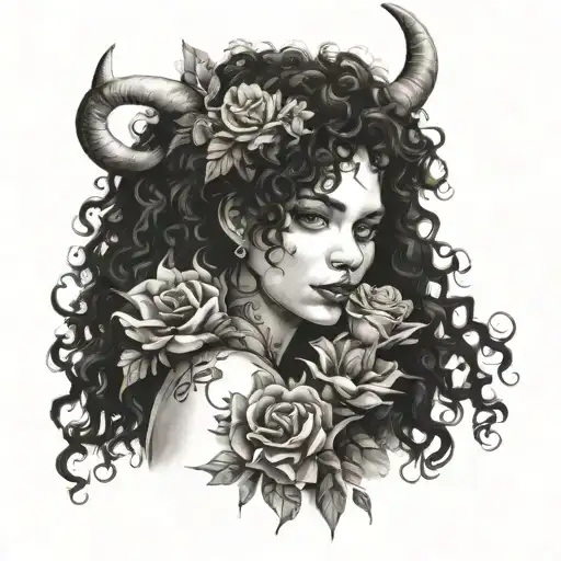 Curly Girl With A Flower In Her Hands And Her Shadow With Horns