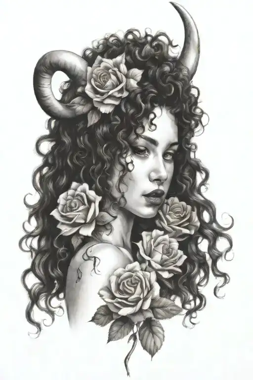 Curly Girl With A Flower In Her Hands And Her Shadow With Horns