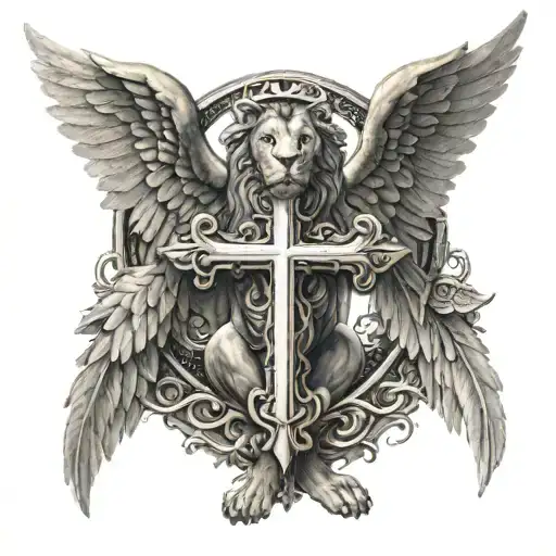 Cross With Angel And Lion Wings