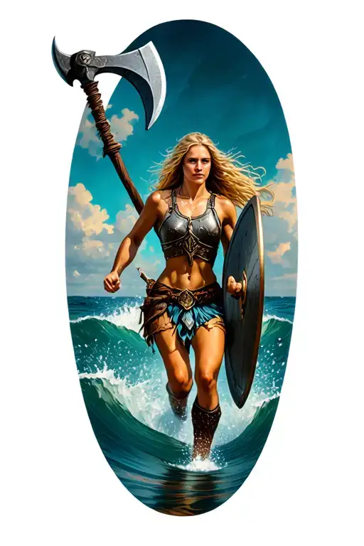 Blonde Viking Woman Running Out Of Ocean With Short Axe And Shield