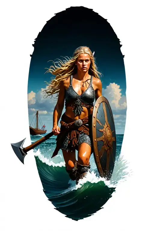 Blonde Viking Woman Running Out Of Ocean With Short Axe And Shield And Small Boat In Background