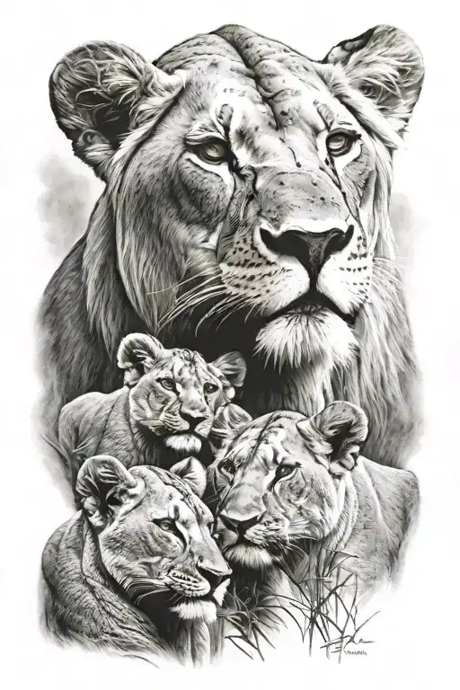 Lioness And Two Cubs Face Only