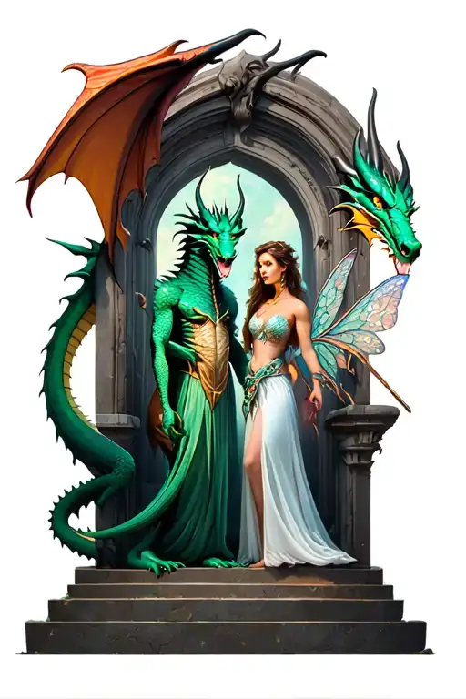 Male Dragon And Female Fairy Stand Guard On Either Side Of A Portal