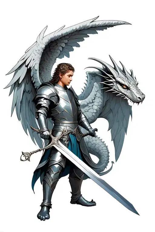 Angel Knight Holding A Sword With A Dragon