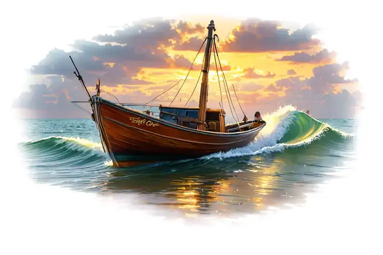 Boat Leving Shore With Wake Behind