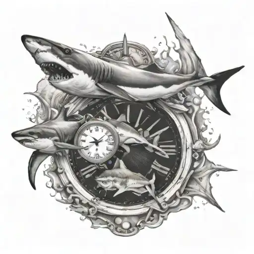 Hammer Head Shark And Great White Shark Swimming Around Clock