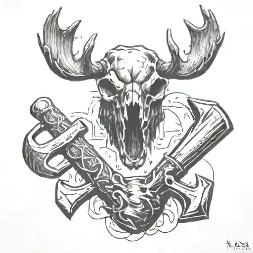 Moose Skull With Crossed Sledge Hammer And Axe